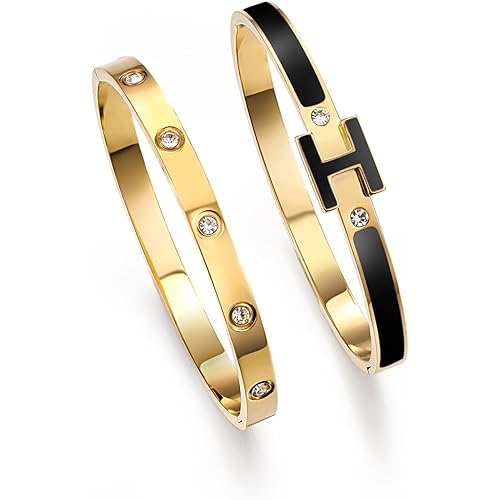 14K Gold Plated Love and H Bangle Bracelet Stackable Stainless Steel Bracelets Set for Women Trendy Jewelry