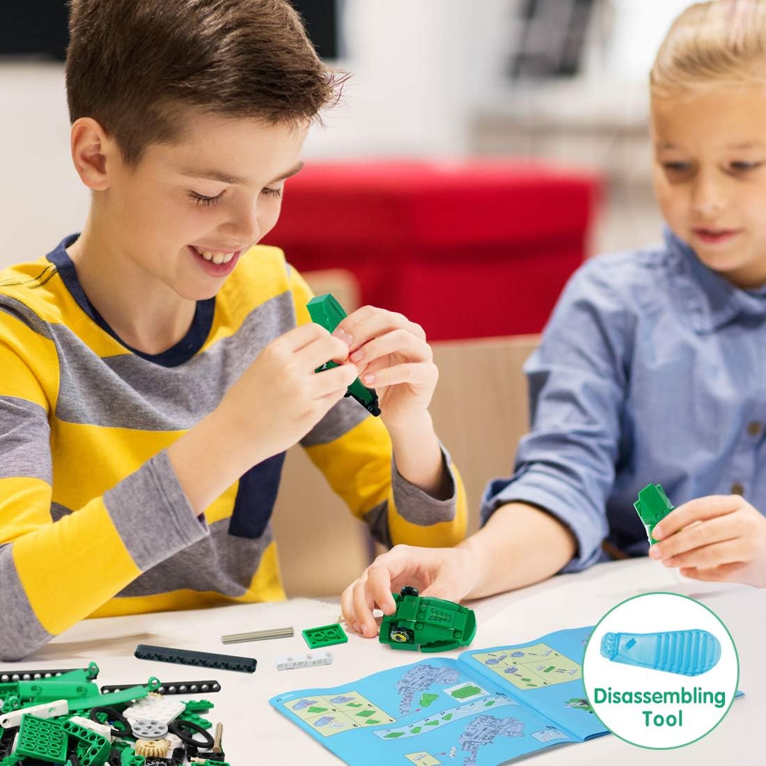 Children assembling the VERTOY Dinosaur Building Blocks kit with a disassembling tool.