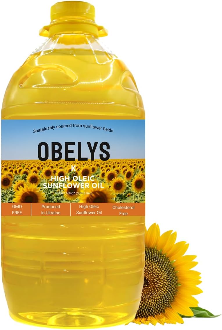 Obelys High Oleic Sunflower Oil | 1.3 Gallon Jug - Neutral Oil For Medium to High Heat Cooking, Non-GMO, Kosher, Cholesterol Free | 5L / 169 Oz