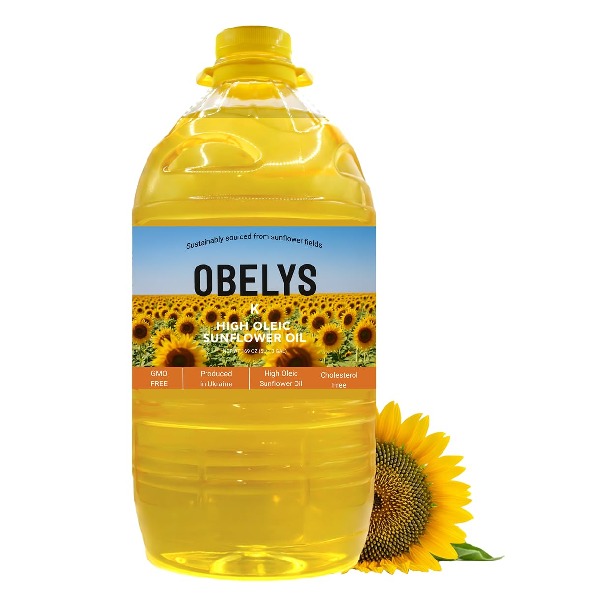 Obelys High Oleic Sunflower Oil | 1.3 Gallon Jug - Neutral Oil For Medium to High Heat Cooking, Non-GMO, Kosher, Cholesterol Free | 5L / 169 Oz