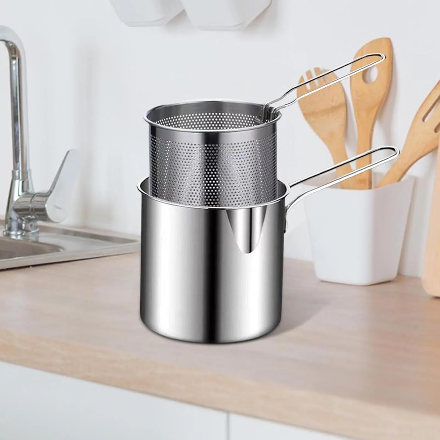 Stainless Steel Deep Frying Strainer & Oil Basket with Fryer Tong | French Fries Basket, Fry Pan, Deep Fryer, Food Strainer Colander, Potato Chips Rack, Mini Mesh Pot, Chicken Fryer for Kitchen 4