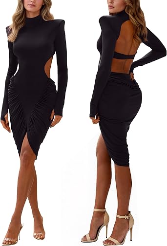 ISZPLUSH Womens Mini Dress Long Sleeve Turtleneck Hollow Cut Out Waistless Ruched Peach Hip Bodycon Short Dress