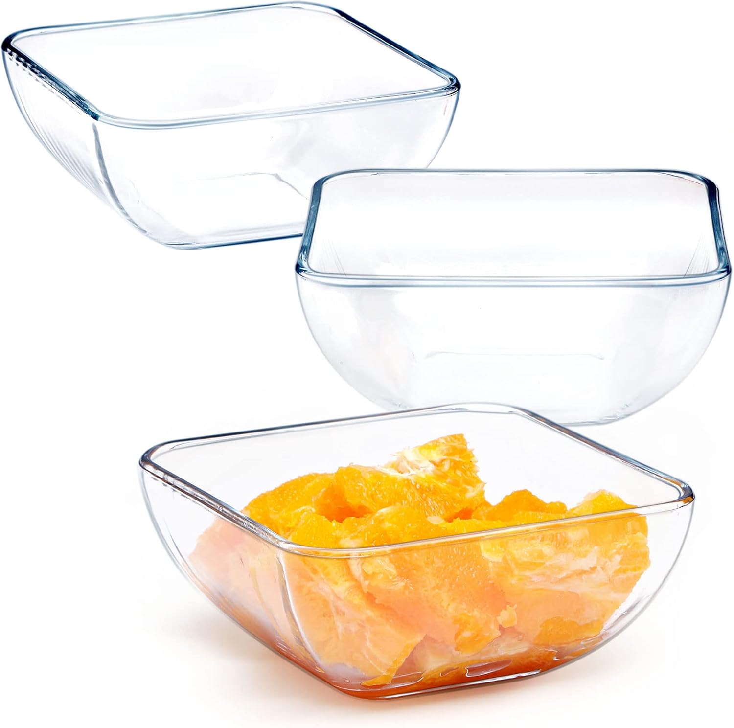 NUTRIUPS 6 inch Deep Square Glass Bowl Set of 3, 27oz Clear Tempered Glass Serving Bowls Microwave and Oven Safe, Glass Cereal Bowl Set