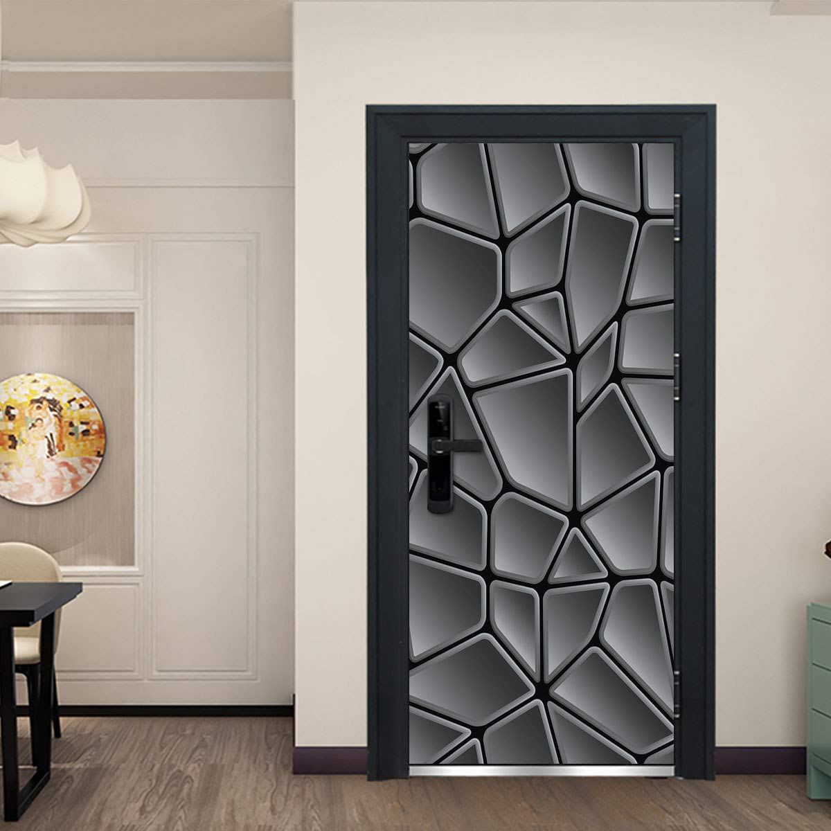 Autocollant de porte effet 3D géométrie grise en PVC imperméable amovible 90x200cm