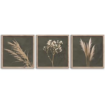 STYLER Pampas Picture Set 3 x 30 x 30 cm Ready to Hang with High-Quality Wooden Frame - Natural Beauty for Your Home - Green Olive Beige Minimalist Boho Grass