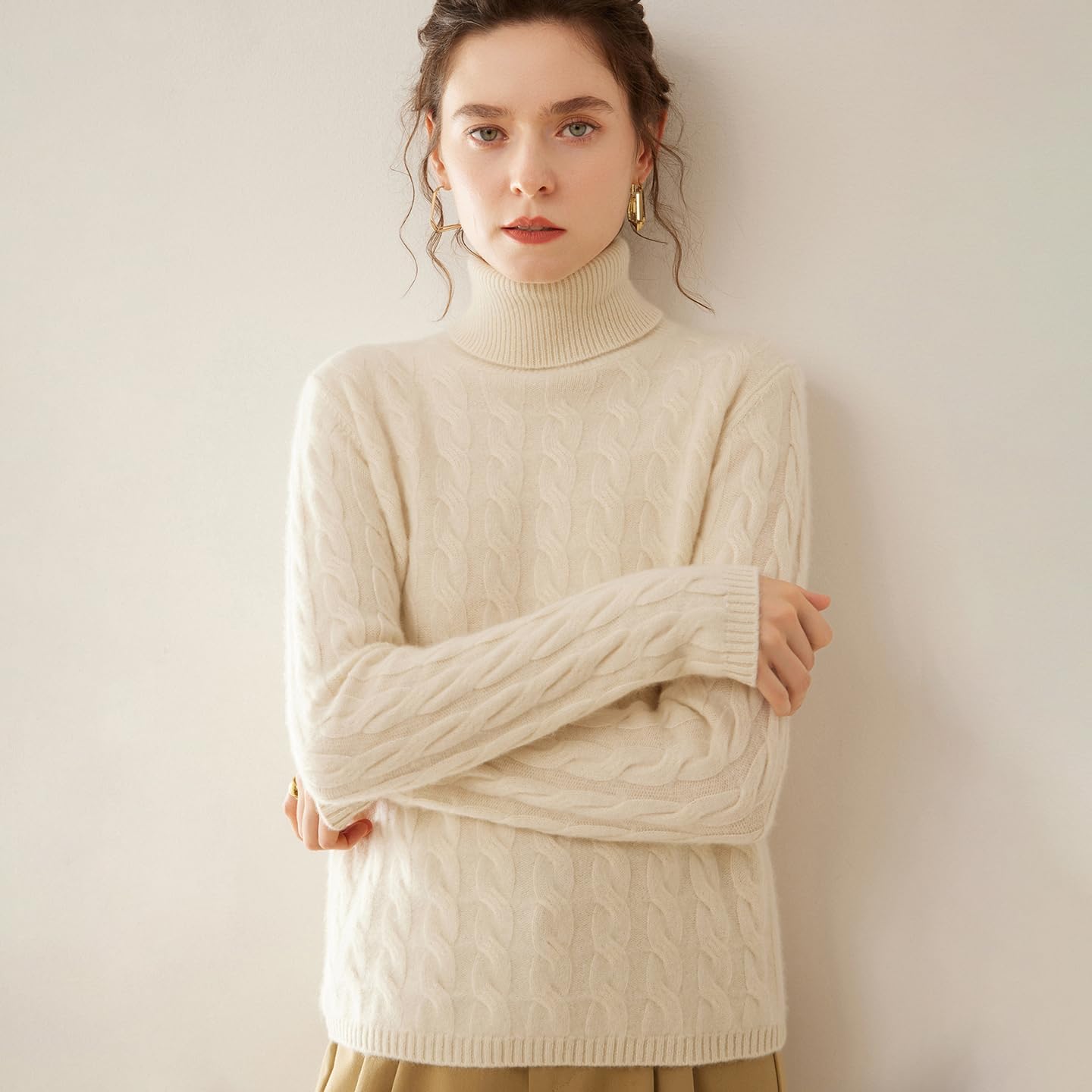 Cashmere and Merino Wool Blend High Neck Long Sleeve Thick Knit Winter Pullover Sweater for Women