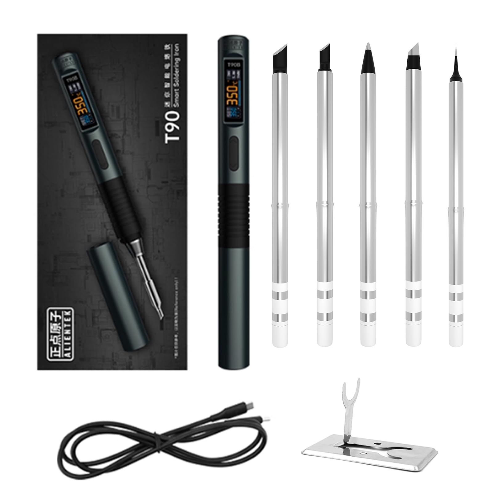 T90C - Juego de soldador eléctrico inteligente de 140 W, kit portátil de temperatura constante T90 con soporte TH30, 5 tipos de punta T165, cable USB C2C