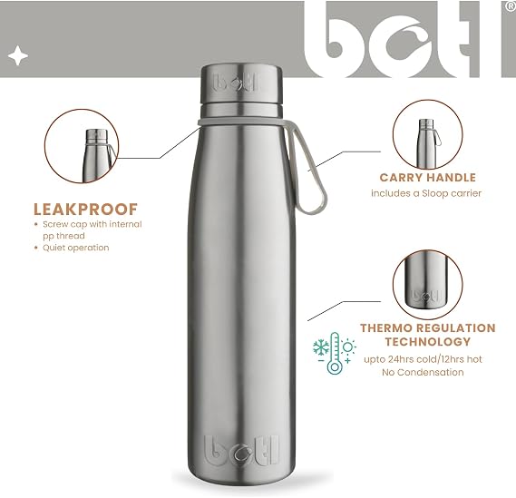 onegreenbottle EVOLUTION Stainless Steel Bottle, Triple-Walled Isothermal Insulated Water Bottle - Leakproof Bottle for Hot and Cold Drinks (Buff Unpainted)