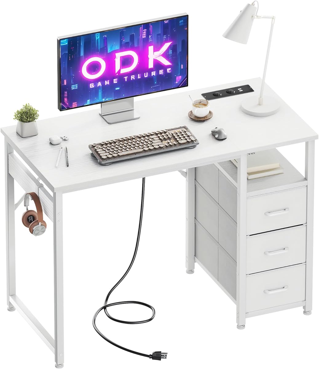 ODK Kleiner Schreibtisch mit 3 Schubladen aus Stoff, 100x48x75,5 cm Computertisch mit 2 Steckdosen und USB-Anschlüssen, Umkehrbarer PC-Schreibtisch Bürotisch für kleines Home Office, Weiß