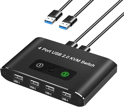 USB Switch, USB Switcher 2 Computers, USB 2.0 Switch Sharing 4 USB Devices KVM Switcher Box for PC, Printer, Scanner, Mouse, Keyboard with 2 Pack USB Cable, Compatible with Mac/Windows/Linux