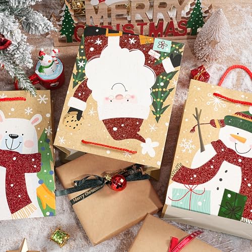 Image of Loveinside Christmas Gift Bags Set, Glitter Foil Santa, Penguin, Snowman & Polar Bear Design, Medium Size Bags with Handle, Tissue Paper for Christmas Gifts & Party Favors, 4 Pack, 7 inch X 4 inch X 9 inch