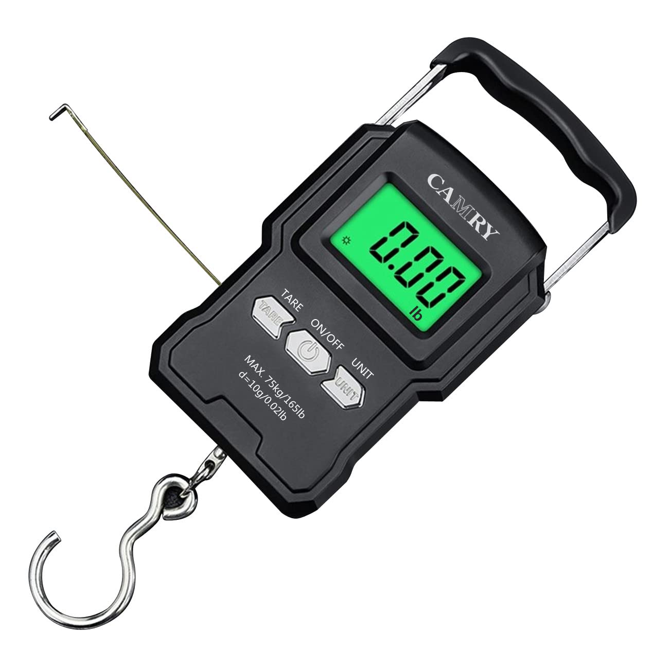 CAMRY Digitale Kofferwaage,166 lb/75 kg Elektronische Digital Fischwaagen Handwaage mit Maßband, 2 AAA Batterien enthalten, Beleuchtetes Display