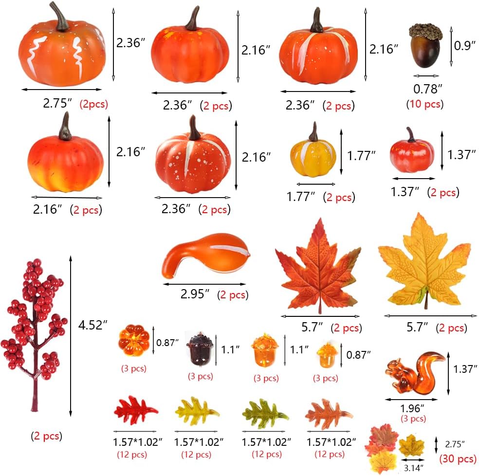HappyFiller Fall Pumpkin Decor Set 125 Pcs | Mini Artificial Pumpkins, Acrylic Acorns, Squirrel, Leaves, Berry Stems, Thanksgiving Table Centerpiece, Harvest Decorations