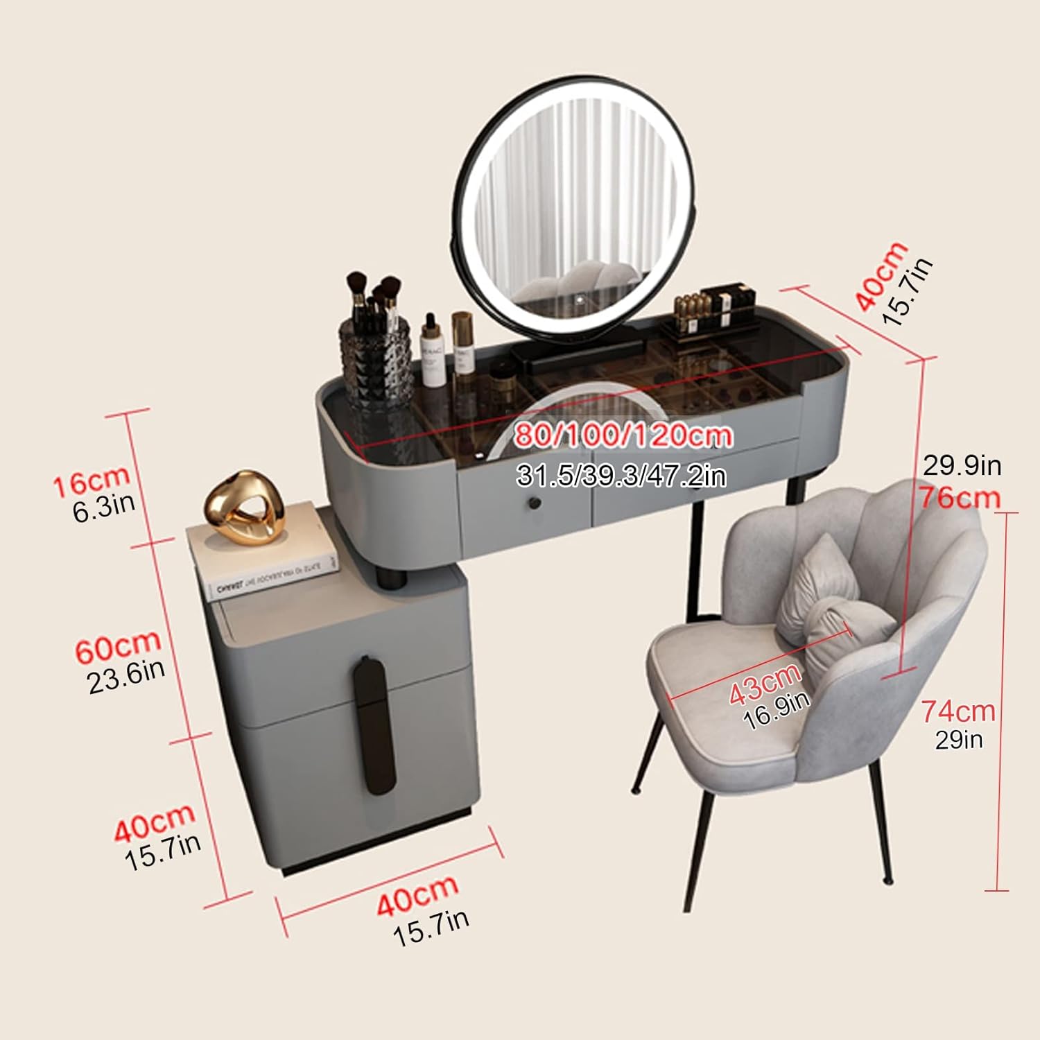 Ladies Makeup Vanity Desk, Dressing Table with mirror 3 color lighting, Modern Vanity Table set glass table top with storage cabinet and stool, White and Grey cosmetic table for bedroom ( Color : Gray