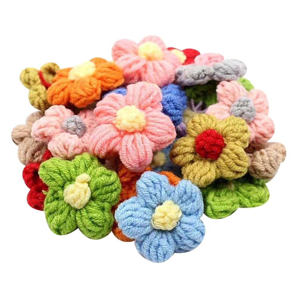 60 Pcs 4 cm Small Knitted Yarn Flowers Colorful Flower Sew On Patch Sewing Floral Embellishments Knitting Crochet Puff Flowers Woven Flower Appliques for Hats Headbands