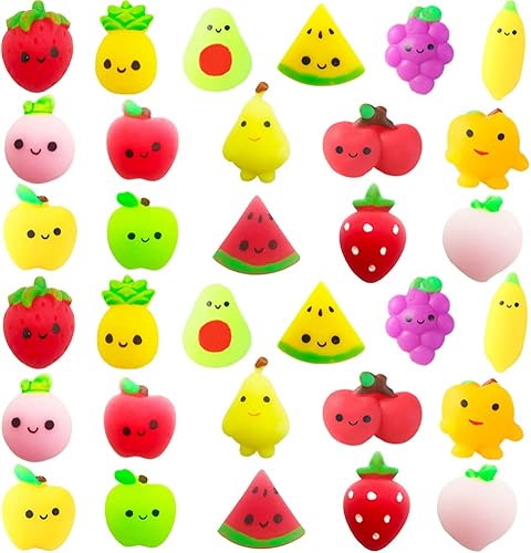 Juego de 32 juguetes esponjosos Mochi para niños, mini squishies Kawaii Fruit Squeeze Toys Pack Lindo alivio del estrés Juguetes de ansiedad para