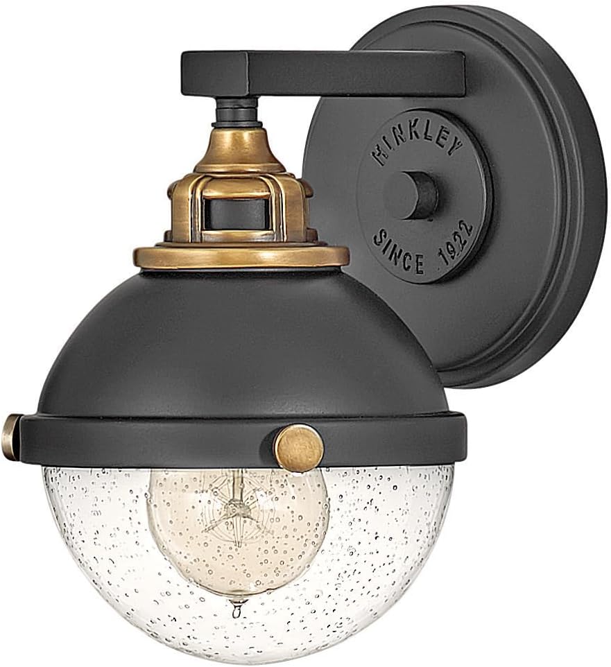 Hinkley Fletcher 5170BK Single Light Vanity Wall Sconce, Vintage Industrial Fixture, Clear Seedy Glass, Bath and Beyond, Black and Heritage Brass