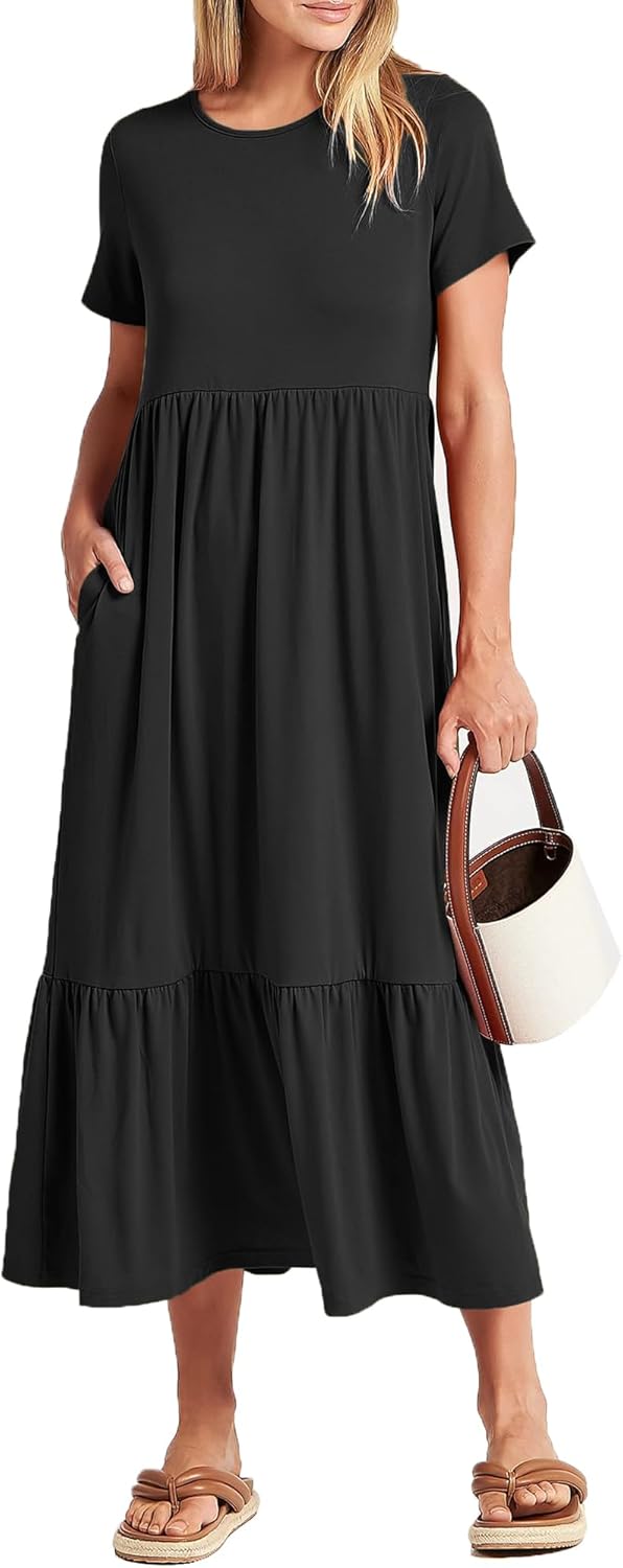 Women Nursing Short Sleeve Crew Neck Fall Dress Maternity Flowy Maxi Dresses Tiered Cocktail Dress with Pockets