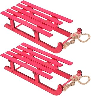 VOSAREA Christmas Sled Ornaments 2pcs Red Wooden Sled Xmas Tree Hanging Decorations Vintage Holiday Sleigh Xmas Hanging Pendant for Mantel Door Bookshelf