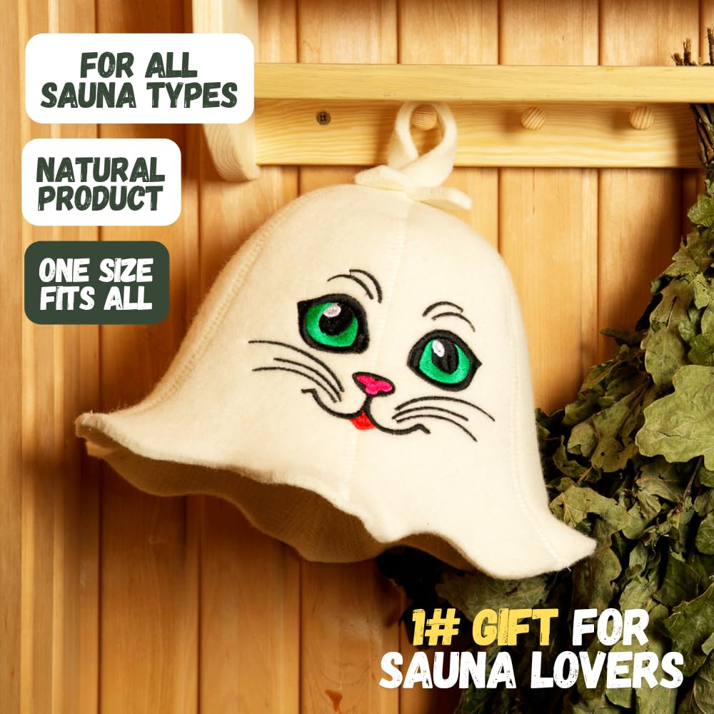 Tkaniny naturalne Sauna Hat 'Sauna Kitten' White - 100% Organic wełniane kapelusze dla rosyjskiej Bania - Protect Your Head od ciepła - English Sauna eBook Przewodnik w cenie - z haftem