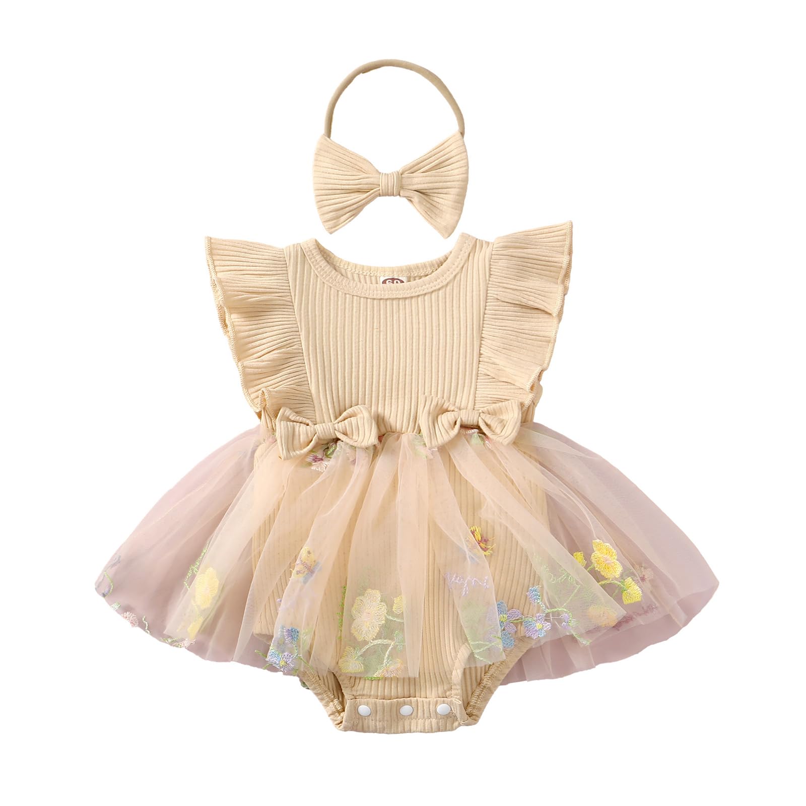 Lace Tulle Romper Dress Baby Girl Floral Embroidered Dress Solid Ribbed Bodysuit Ruffle Sleeveless Jumpsuit Headband (Khaki, 6-12 Months)