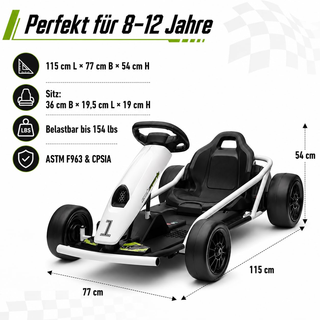IDEALHOUSE Elektro GoKart 24V, Kinderfahrzeug Mit Drift-Funktion | 24V Kinder Elektro GoKart mit 2x300W Motoren, Drift-Funktion, Sicherheitsgurt, Sanftanlauf, Musik und verstellbarem Sitz
