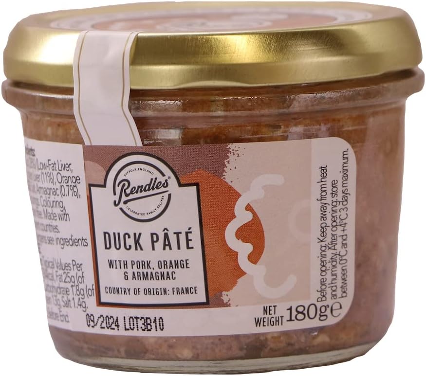 Rendles - Farmhouse Duck & Orange Pate (180g) - Artisan Duck, Pork & Liver Pate, Rich Infusion of Orange & Armagnac, Citrusy & Aromatic, Gluten Free, No Colouring Agents, No Preservatives, Idea Gift