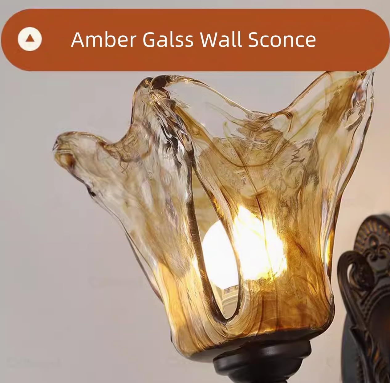 Black Rustic Farmhouse Wall Sconce Amber Glass Wall Lamp Retro Wall Mount Light Antique Wall Light Fixtures with Iron Scroll Arms for Bathroom Bedroom Living Room