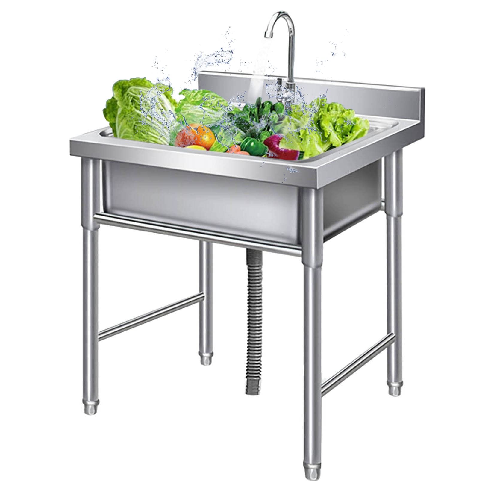 HCZKIUJY Kitchen Utility Sink,Single Bowl Freestanding Kitchen Sink, 304 Stainless Steel Commercial Sink with Faucet, 1 Compartment Utility for Indoor Outdoor Restaurant Farmhouse(19.6x19.6x31.4in)