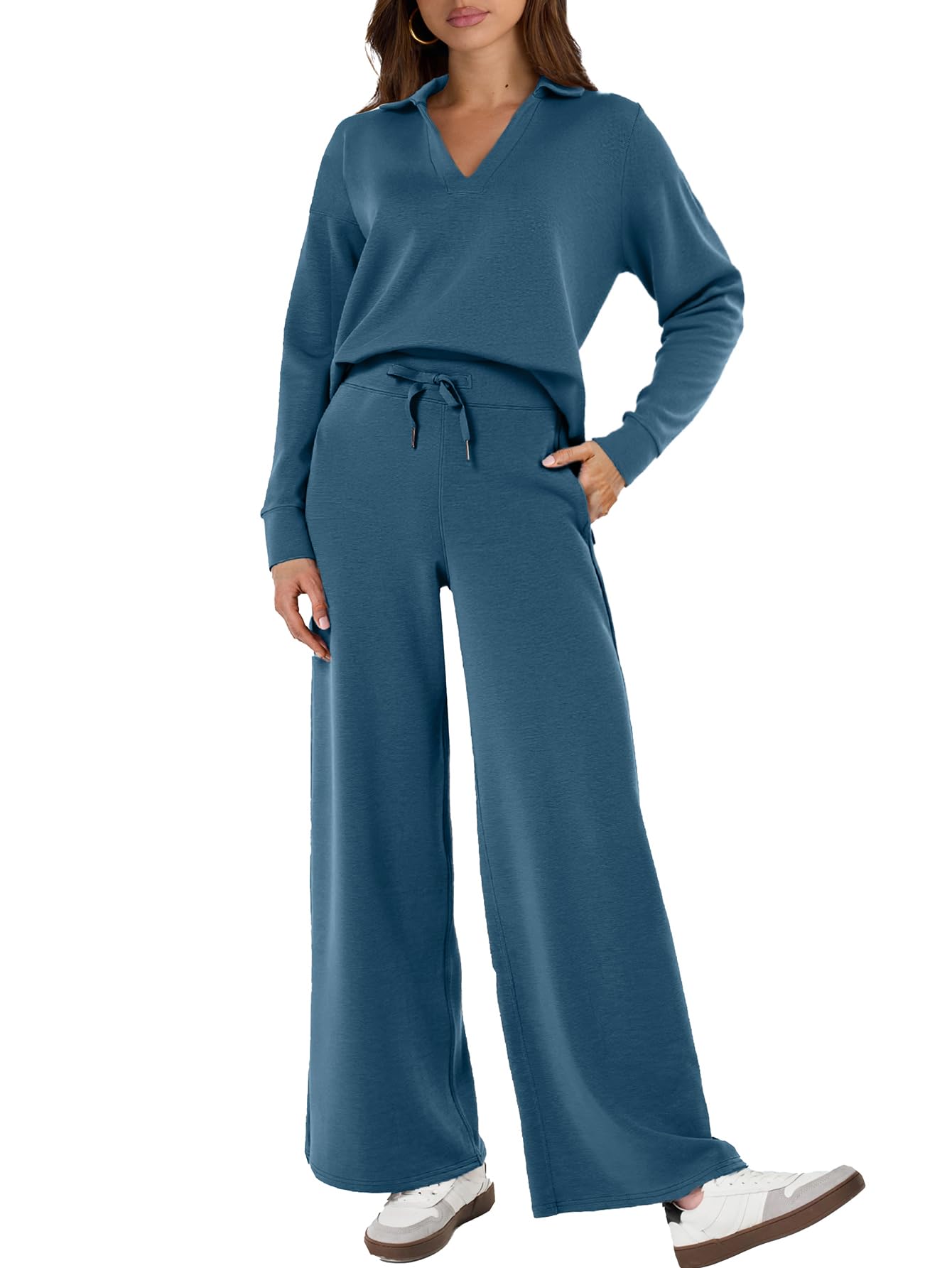 Glamaker Women's 2 Piece Sets Outfits Casual Long Sleeve Sweatsuits Polo Top and Wide Leg Pants Matching Sets