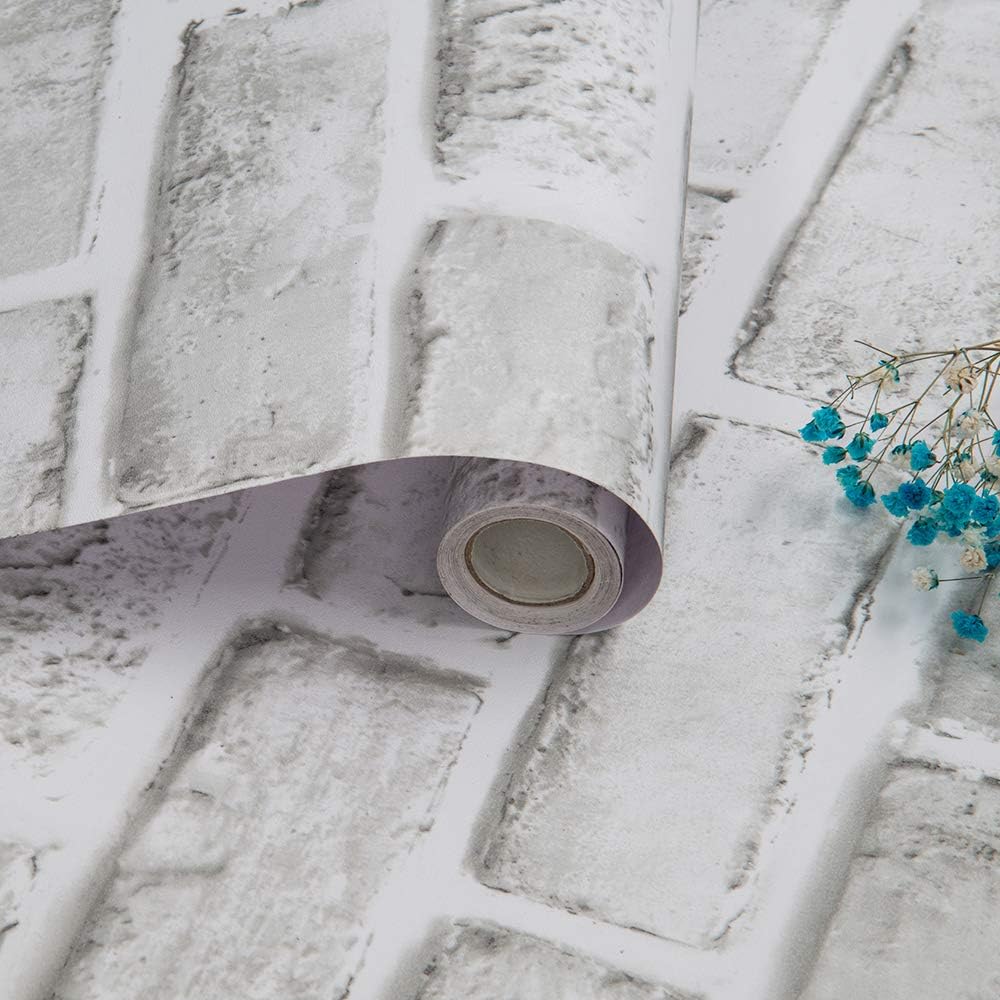 White Gray Brick Wallpaper Grey Self Adhesive Contact Paper 17.71''×236.2'' 3D Effect Wall Paper Peel and Stick Removable Vinyl Film Decorative Backsplash for Christmas Wall Decor