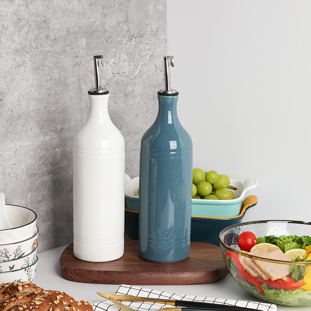 Sweejar Large Ceramic Olive Oil Dispenser Bottle, Opaque Oil Cruet Protects to Reduce Oxidation, Suitable for Storage Vinegar, Soy Sauce & Other Liquids, Pack of 1, 24 Fl Oz(Fog Blue)