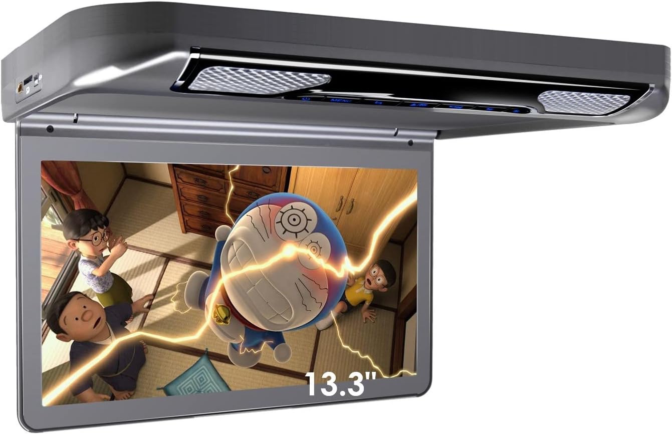 XTRONS 13.3" Car Overhead DVD Player, Slim MPV Roof Mounted Monitor with Slot Load DVD Drive support 1080P Video, 120° Flip Down Wide Screen, HDMI Port and Door Control Light