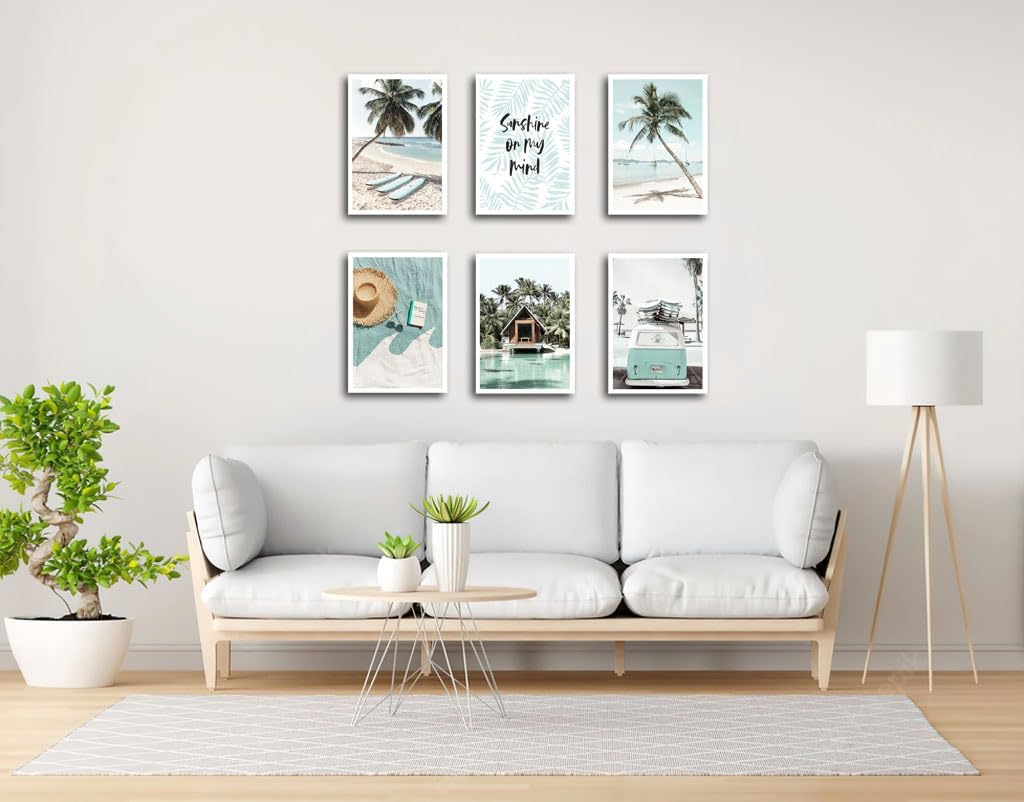 Set of 6 Wooden Base Paintings, Living Room Decoration, Modern, Bedroom, Room, Landscape, Beach, Nature with Metal Hangers, (29 x 20 cm Each Frame)