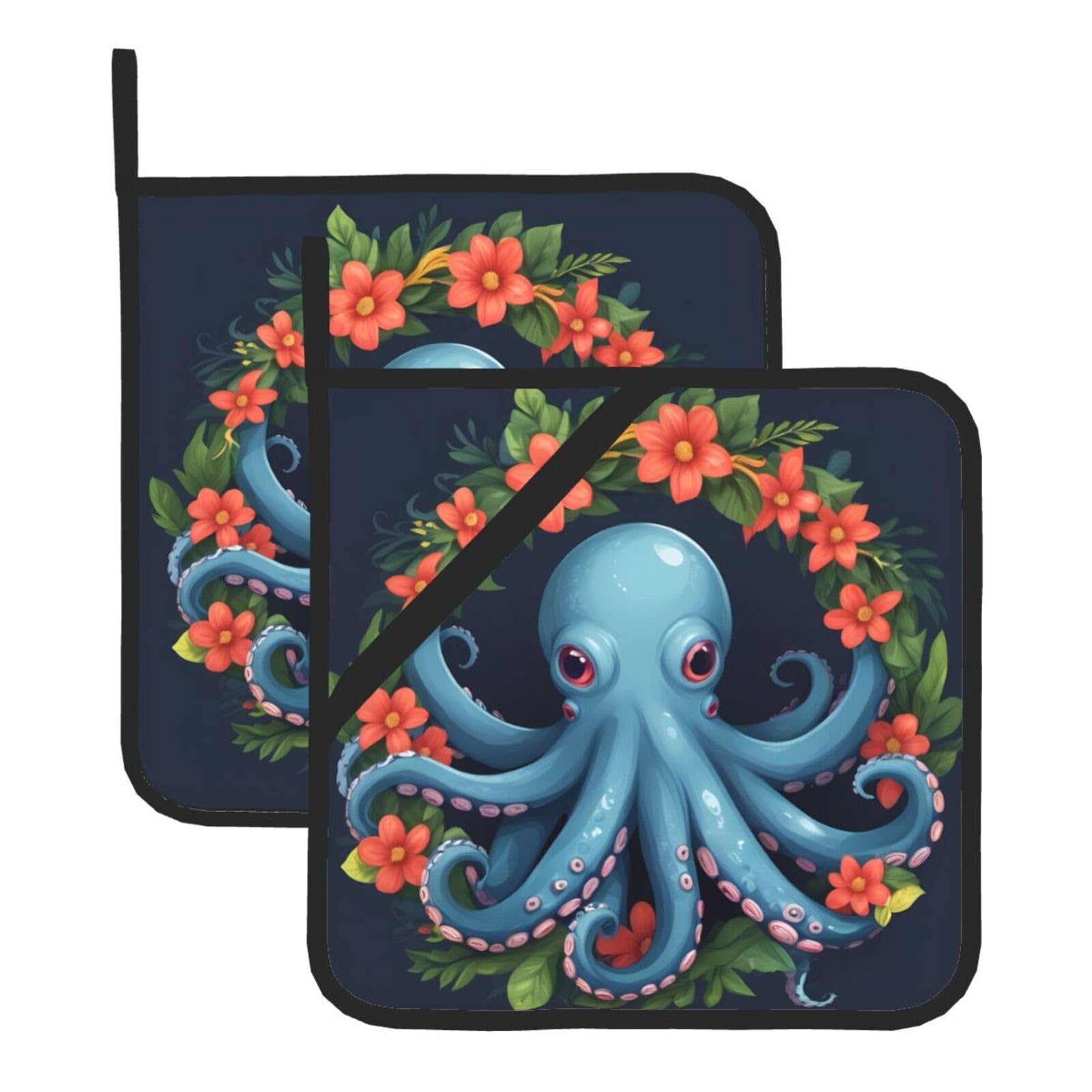 HJFCZH Octopus with A Wreath Printed Square Insulated Pot Mat Set (2-Piece) 8x8in Waterproof, Thickened & Easy to Clean with Lanyard Design for Kitchen, Oven & BBQ