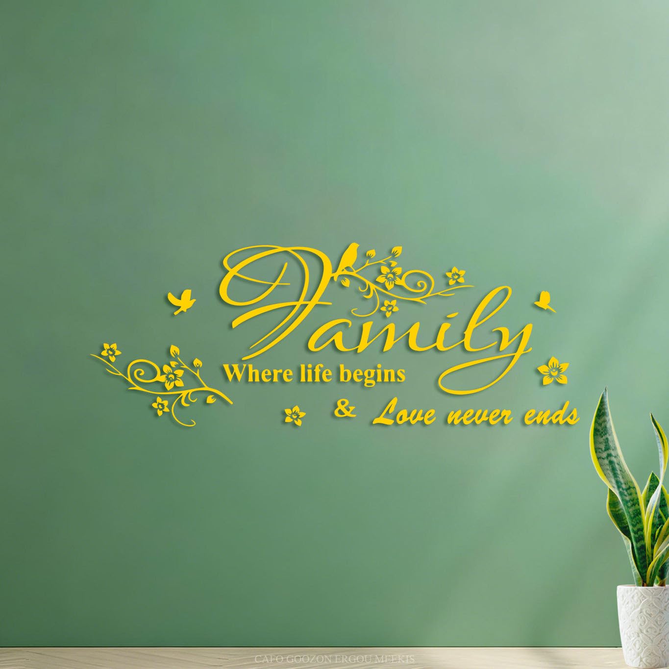Lettering Stickers Family is The Starting Point of Life and Love Never Ends 39x104cm Art Mural Painting Yellow
