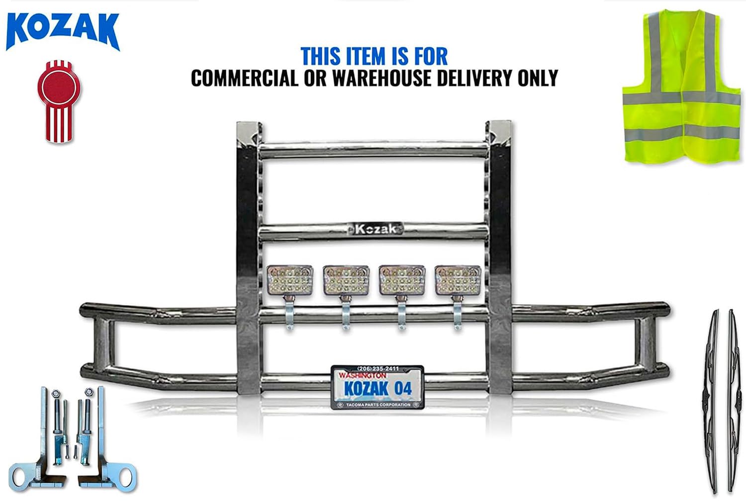 Steel Truck Bumper Guard - Deer Moose Guard, 4X 6 LED Headlight Compatible with Kenworth T680 2011-2020 Plus Windshield Wipers, License Plate Holder and Frame, Vest, Mounting Brackets