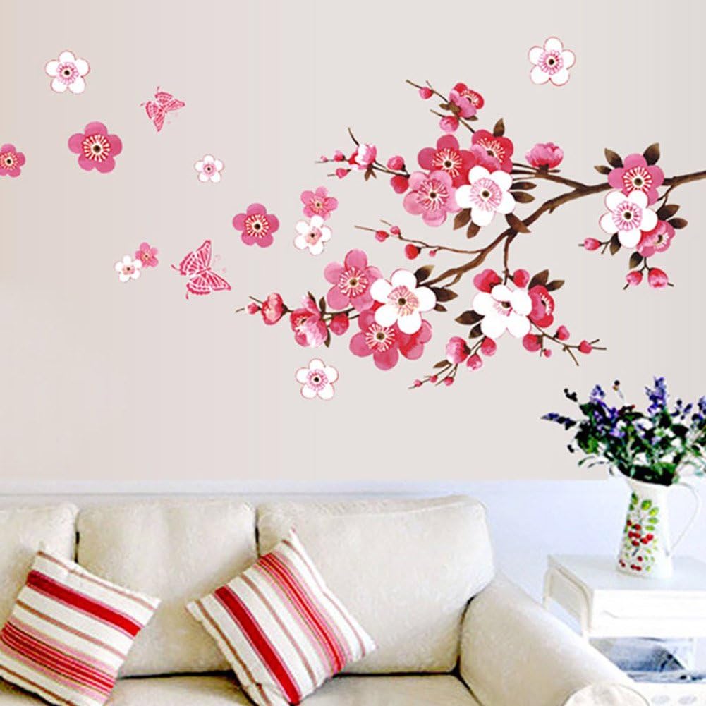 WandSticker4U® Wall Stickers with Butterflies Pink Red (120 x 50 cm) I Sakura Vine Floral Branch Tree Sticker Wall Sticker for Living Room Bedroom Kitchen Tiles Hallway