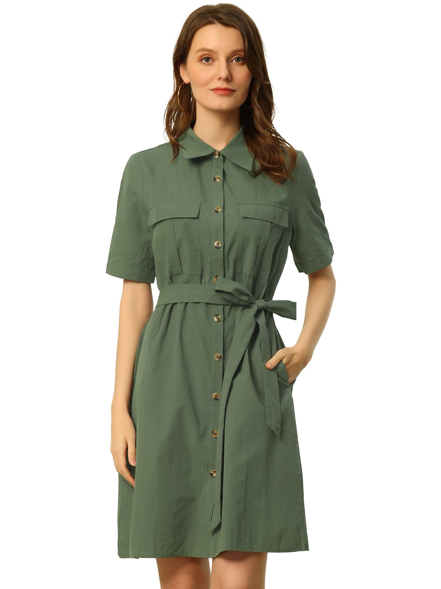 Allegra K Women's Safari Dress Collared Short Sleeve Cotton Belted Button Down Shirt Dresses