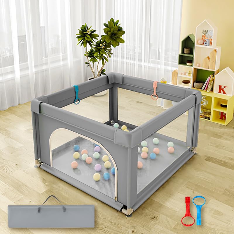Baby Playpen 36″ x36″, Play Pens for Babies and Toddlers, Baby Fence Play Area,Safe Anti-Fall Play Yard with Gates, Baby Fence with Breathable Mesh(Light Grey, 36″ x36″)