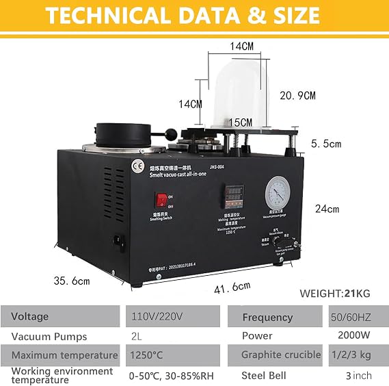 2L Vacuum Investing Casting Machine 1/2 HP, Jewelry Lost Wax Cast Combination Vacuum Investing Casting Investment Machine for Jewelry Makers, with Workbench & Vacuum Hood