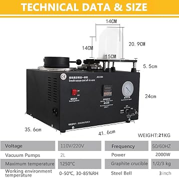 2L Vacuum Investing Casting Machine 1/2 HP, Jewelry Lost Wax Cast Combination Vacuum Investing Casting Investment Machine for Jewelry Makers, with Workbench & Vacuum Hood