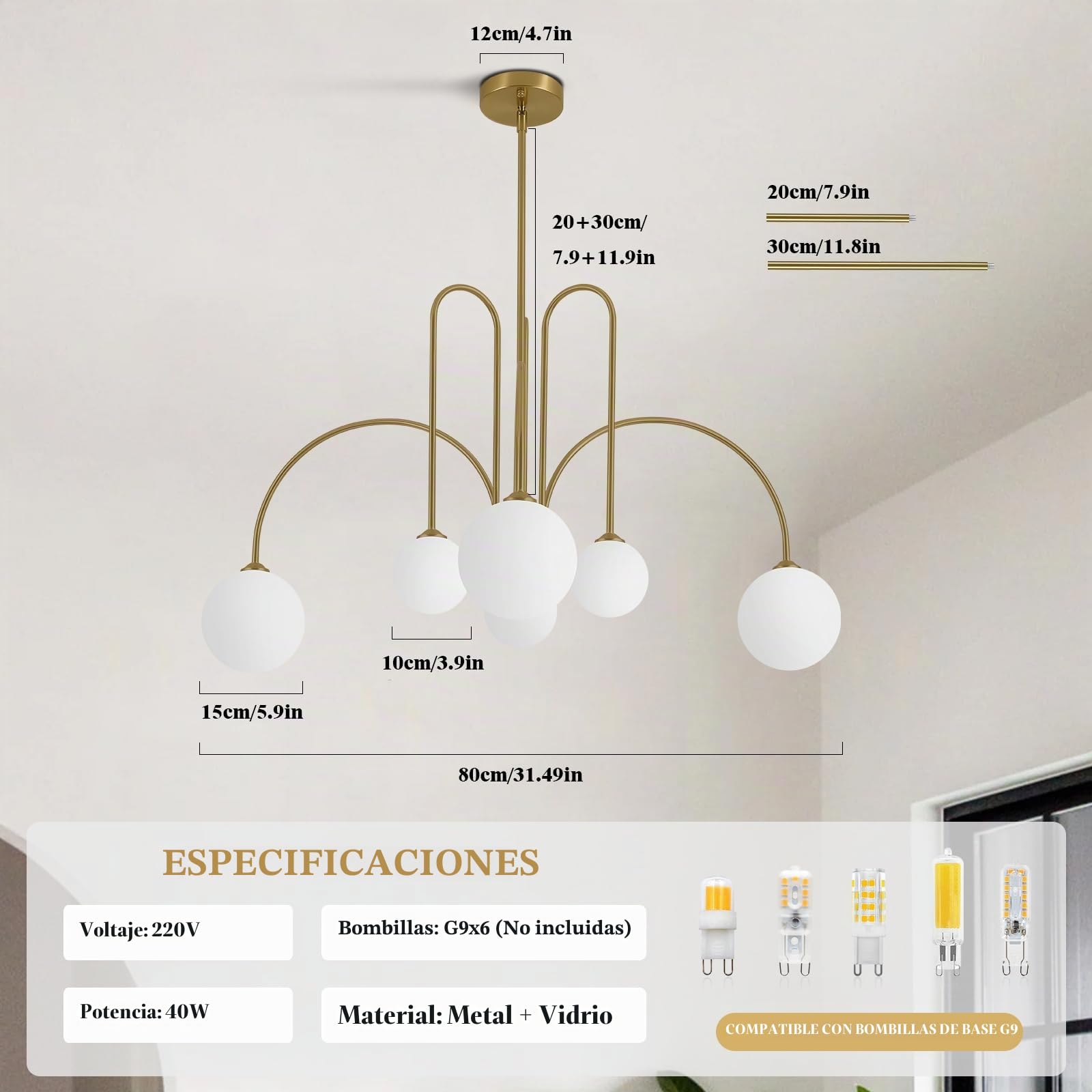 KCO Lighting Lámpara de Techo Sputnik con Esferas de 6 Luces para Salón, Dorada con Esferas de Cristal, Diseño Moderno para Comedor, Dormitorio, Recibidor y Cocina