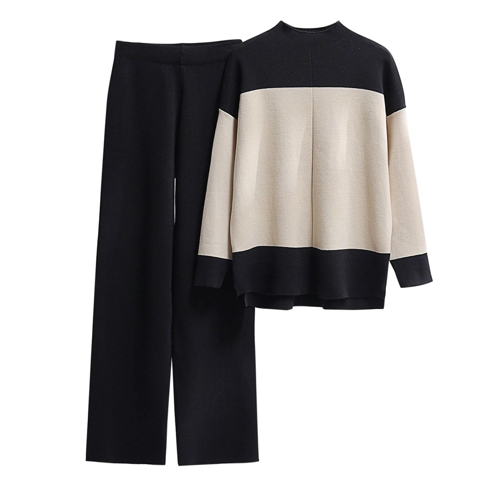 Generico Conjunto de 2 piezas para mujer de punto elegante y cómodo mono de punto de lana casual cuello redondo suéter y pantalones pierna ancha trabajados suave completo para el hogar elástico ligero