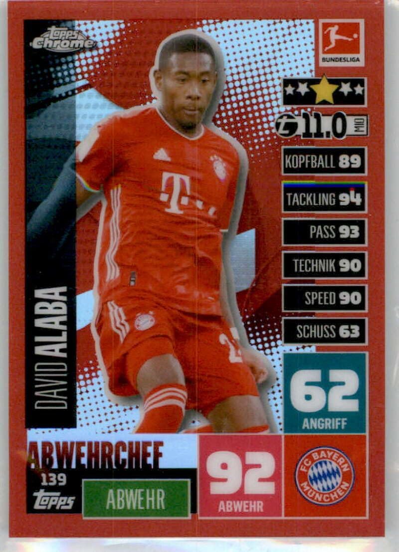 2020-21 Topps Chrome Match Attax Bundesliga Red Refractor #139 David Alaba FC Bayern Munchen ABWERCHEF Official German Football Card in Raw (NM or Better) Condition