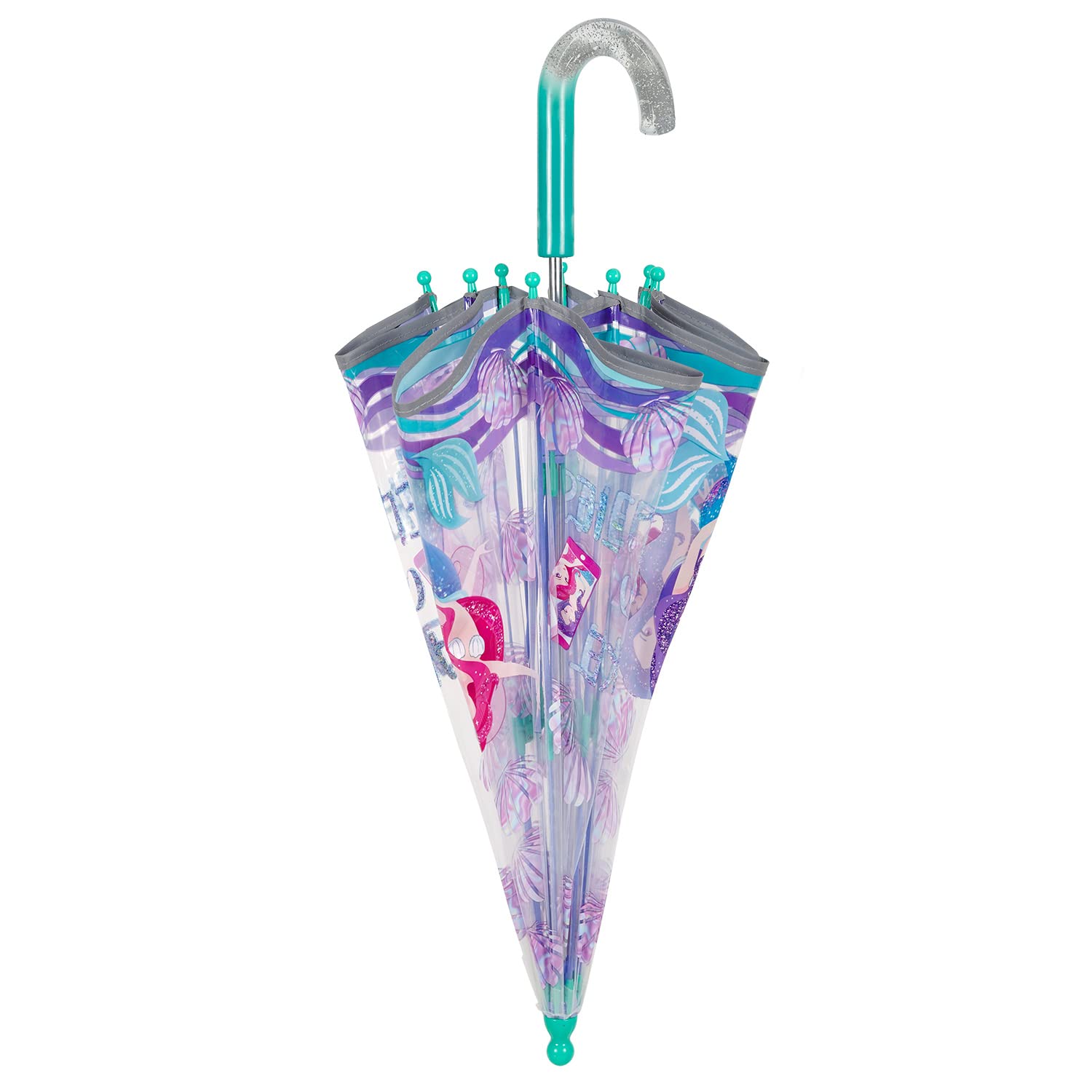 PERLETTI Parapluie Transparent Sirène pour Enfants - Petit Parapluie Cloche avec Détails Réfléchissants Fille - Parapluie Canne Fillette 3 4 5 Ans École Maternelle - Diamètre 67 cm (Coquillages)