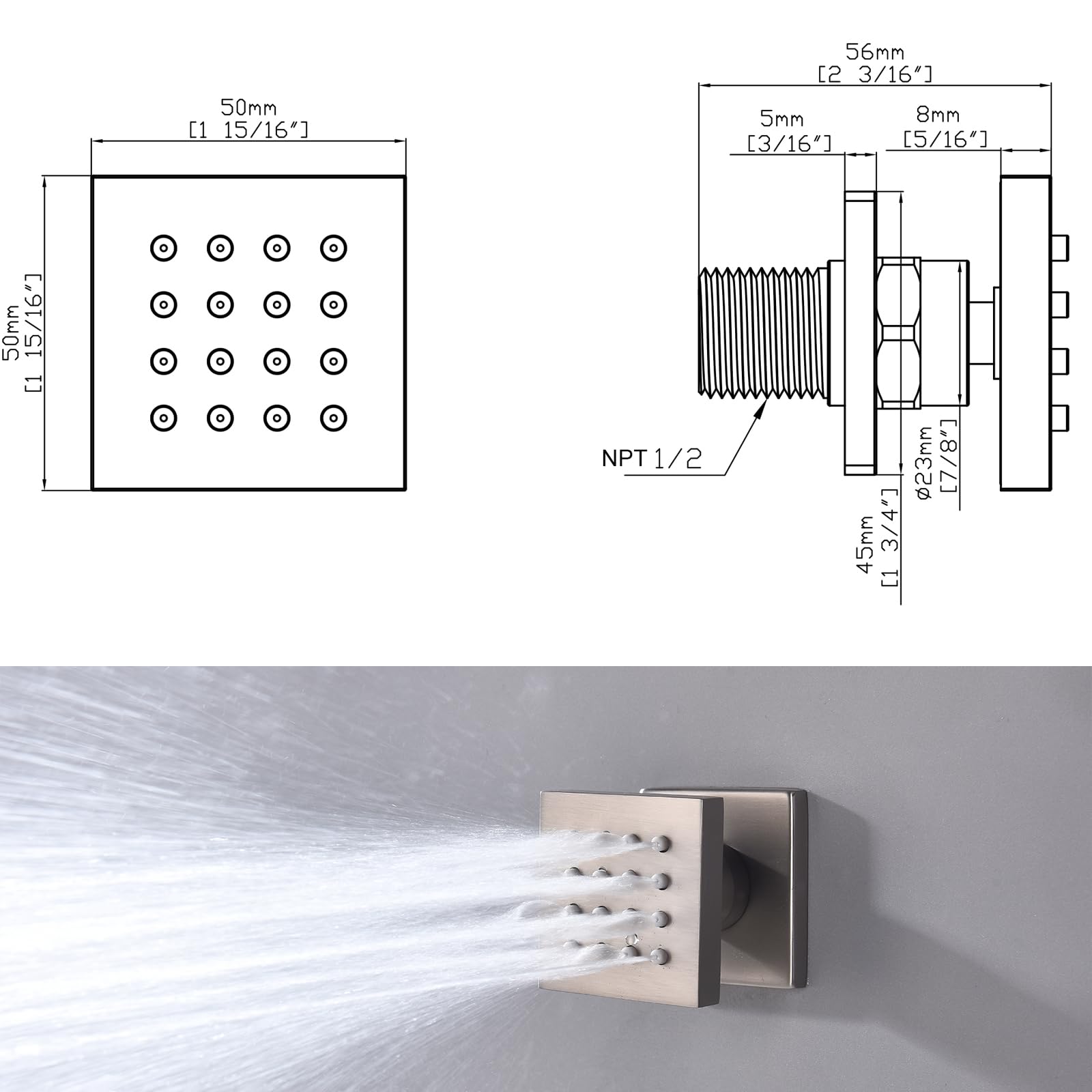 Chorros de pulverización para el cuerpo de ducha con encendido y apagado, 4 unidades, cuadrados, chorros de latón para masaje, spa, masaje, pared lateral, chorros de flujo Cotrol (níquel