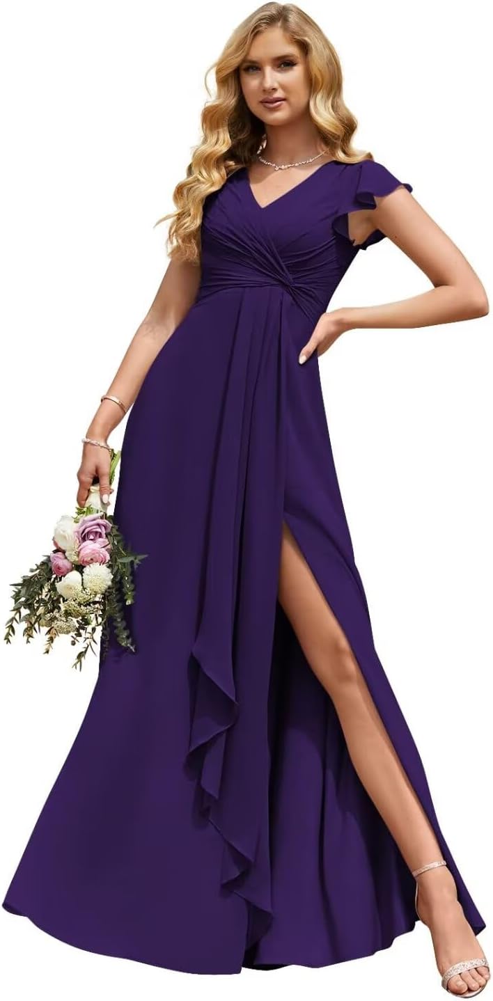 Women's Ruffle Sleeve Chiffon Bridesmaid Dresses Long with Slit V Neck Formal Evening Gowns