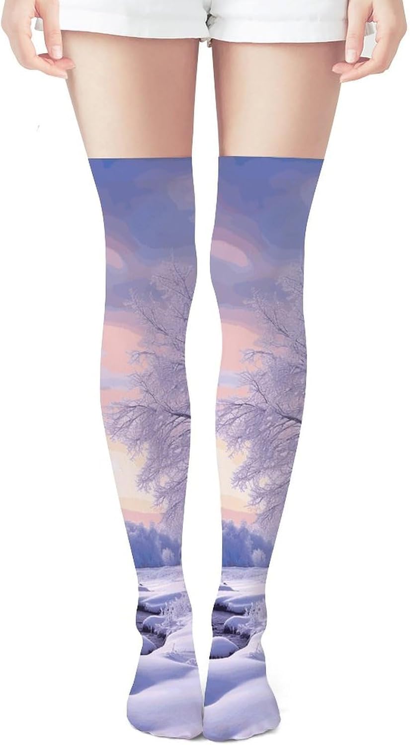 Winter Landscape Knee High Stockings for Women 23.6" Breathable Thigh High Stockings Over The Knee Socks