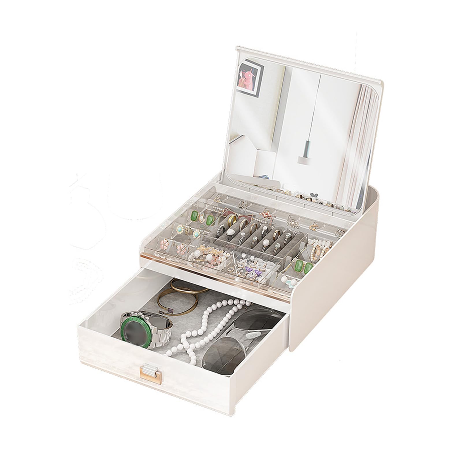 Hsioluted Auto-Opening Travel Jewelry Box, Spacious PET ABS with Multi-Section Storage Compartments Automatic Opening Glass Jewelry Storage Box